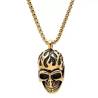 Men's 18k gold plated stainless steel fire skull pendant necklace