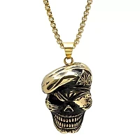 Men's 18k gold plated stainless steel skull with beret and eyepatch pendant