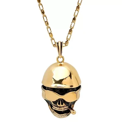 Men's 18k gold plated stainless steel skull with hat, sunglasses, and cigar pendant necklace