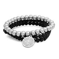 Men's set of 3 black lava and stainless steel beaded religious bracelet