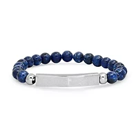 Men's blue lapis beads and stainless steel Our Father prayer id bracelet