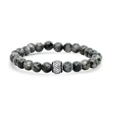 Men's gray agate, stainless steel and black simulated diamonds beaded bracelet