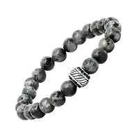 Men's gray agate, stainless steel and black simulated diamonds beaded bracelet