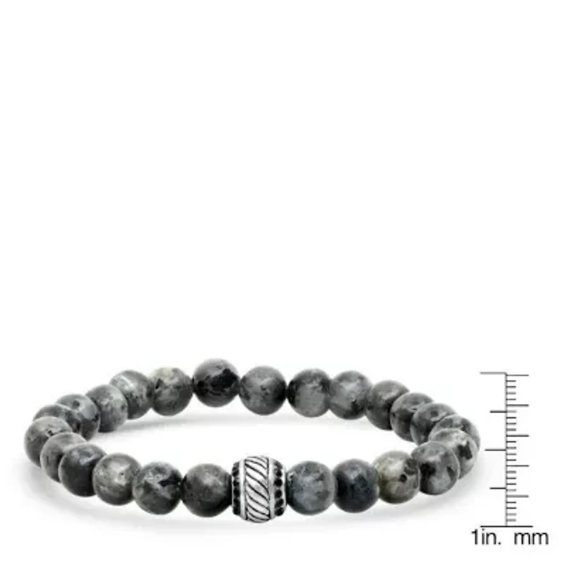 Men's gray agate, stainless steel and black simulated diamonds beaded bracelet