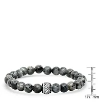 Men's gray agate, stainless steel and black simulated diamonds beaded bracelet