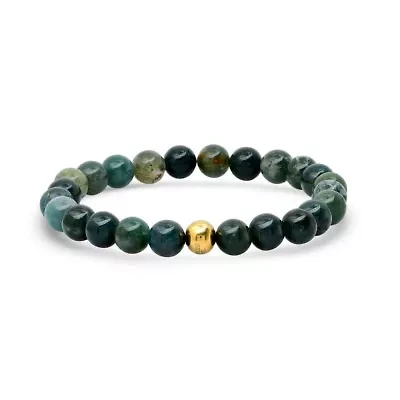Men's green agate and 18k gold plated stainless steel beaded bracelet