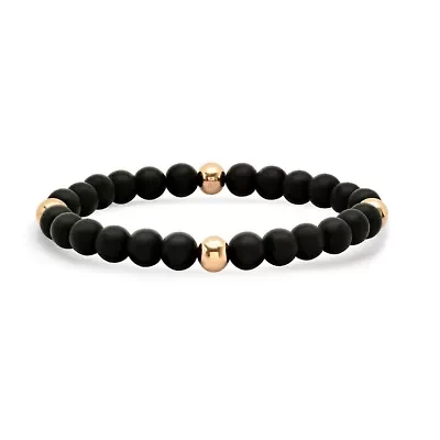 Men's black lava and 18k rose gold plated stainless steel beaded stretch bracelet
