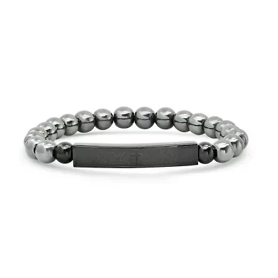 Men's hematite and black ip stainless steel Our Father english prayer id beaded bracelet