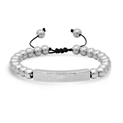 Men's stainless steel beaded Our Father english prayer id drawstring bracelet