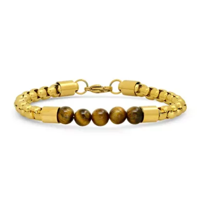 Men's 18k gold plated stainless steel box chain and tiger eye beaded bracelet