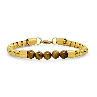 Men's 18k gold plated stainless steel box chain and tiger eye beaded bracelet