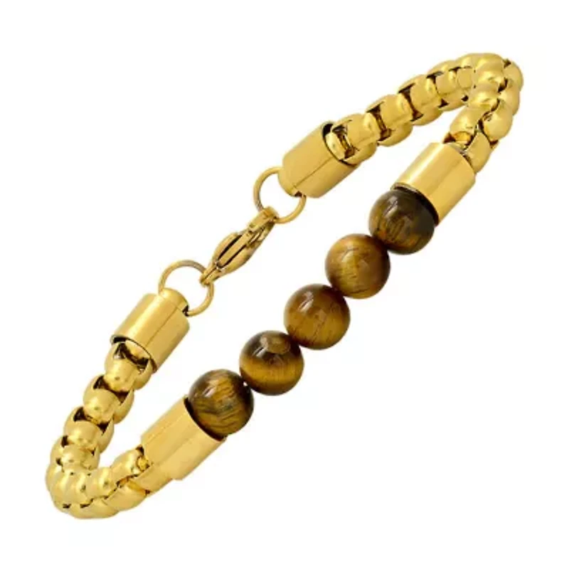 Men's 18k gold plated stainless steel box chain and tiger eye beaded bracelet