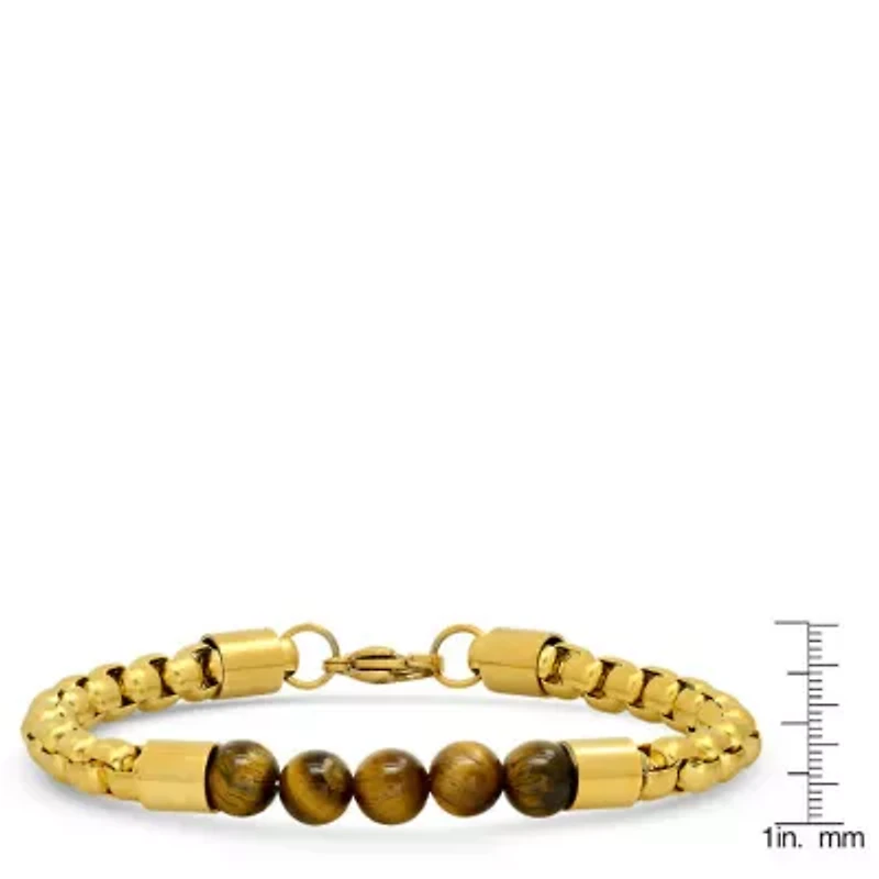 Men's 18k gold plated stainless steel box chain and tiger eye beaded bracelet