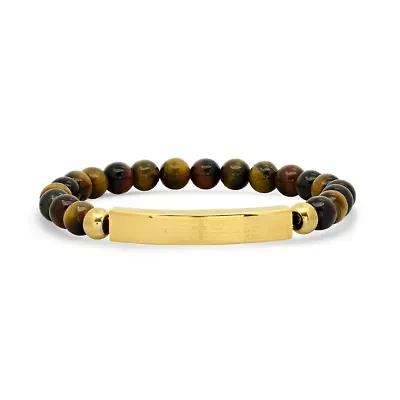 Men's tiger eye beads and 18k gold plated stainless steel Our Father english prayer Id bracelet