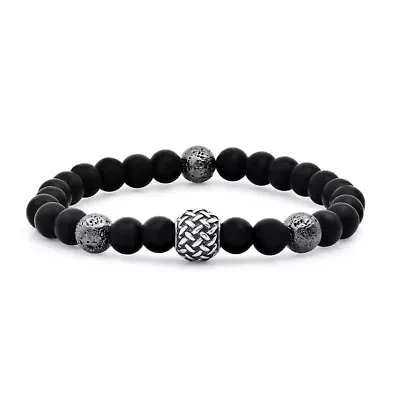 Men's black lava and stainless steel/black ip beaded stretch bracelet