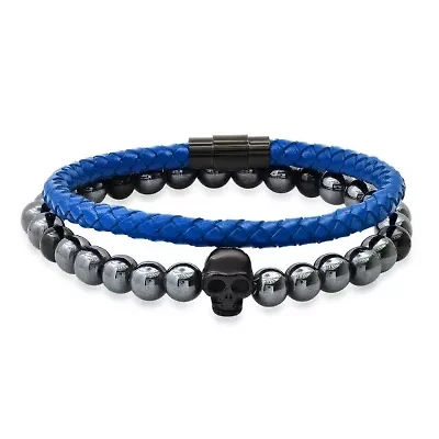 Men's 2pc set hematite & black ip stainless steel and blue leather/black ip stainless steel bracelet