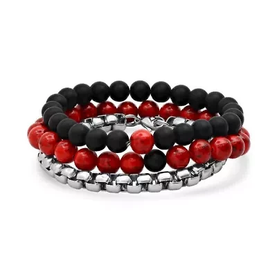 Men's 3pc set black lava, red agate and round box link bracelets