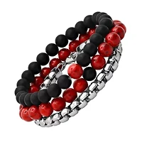 Men's 3pc set black lava, red agate and round box link bracelets