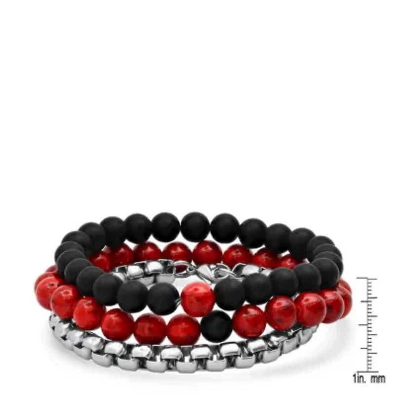 Men's 3pc set black lava, red agate and round box link bracelets