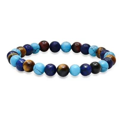 Men's tiger eye, blue lapis and turquise agate beaded bracelet