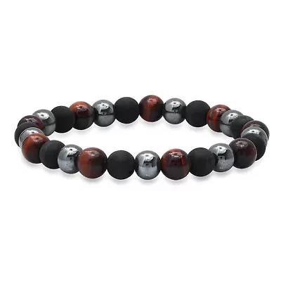 Men's black lava, hematite and red tiger eye beaded bracelet