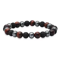 Men's black lava, hematite and red tiger eye beaded bracelet