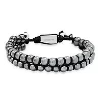 Men's double layered hematite beaded bracelet with stainless steel drawstring