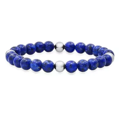 Men's stainless steel and blue lapis beaded bracelet