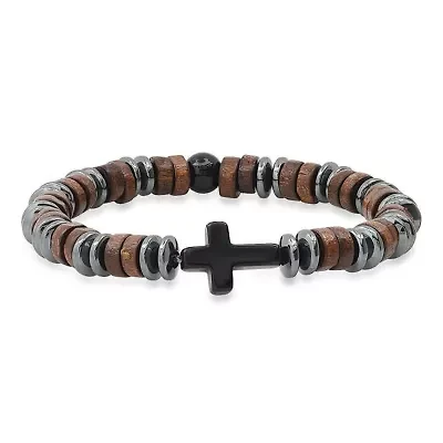 Men's hematite, wood and black agate beaded bracelet