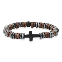 Men's hematite, wood and black agate beaded bracelet