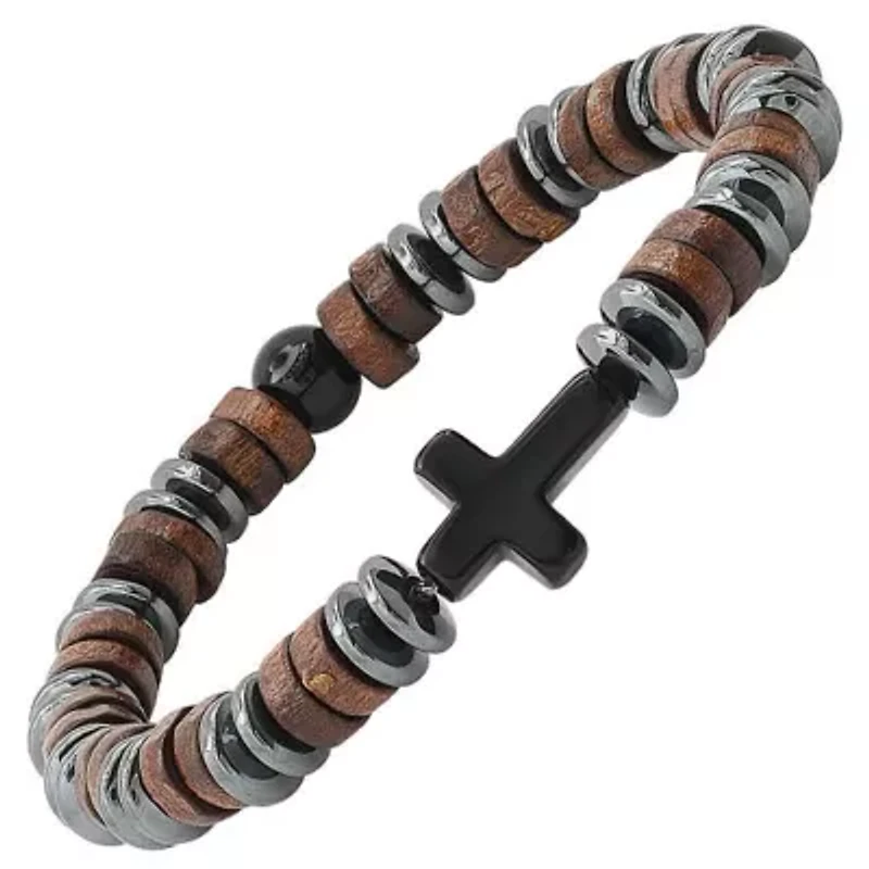 Men's hematite, wood and black agate beaded bracelet