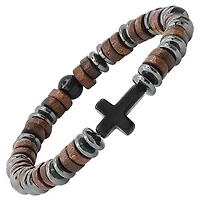 Men's hematite, wood and black agate beaded bracelet