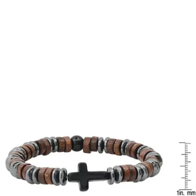 Men's hematite, wood and black agate beaded bracelet