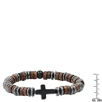 Men's hematite, wood and black agate beaded bracelet