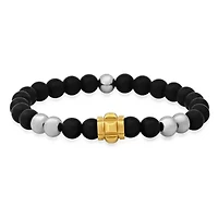 Men's black lava, stainless steel and 18k gold plated studded beaded stretch bracelet