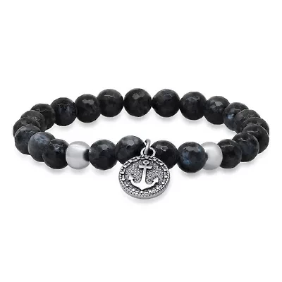 Men's gray agate beads and stainless steel anchor charm stretch bracelet