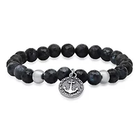 Men's gray agate beads and stainless steel anchor charm stretch bracelet