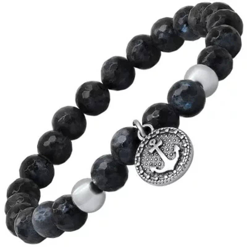 Men's gray agate beads and stainless steel anchor charm stretch bracelet