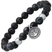 Men's gray agate beads and stainless steel anchor charm stretch bracelet