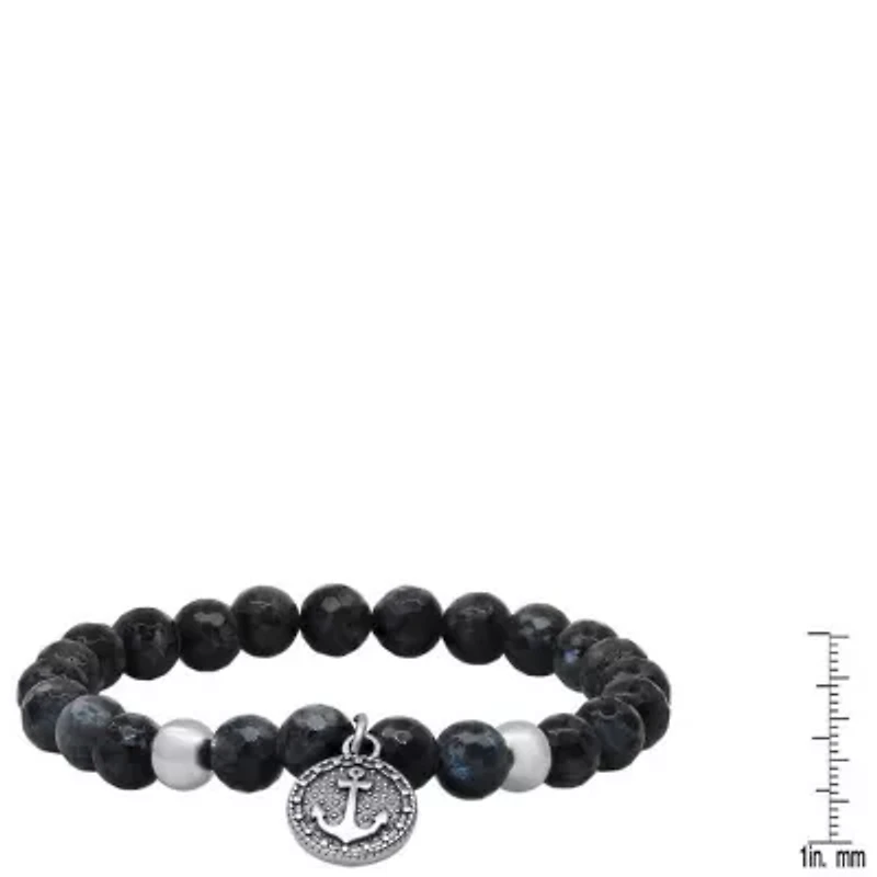 Men's gray agate beads and stainless steel anchor charm stretch bracelet