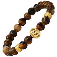 Men's tiger eye and 18k gold plated stainless steel beaded stretch bracelet