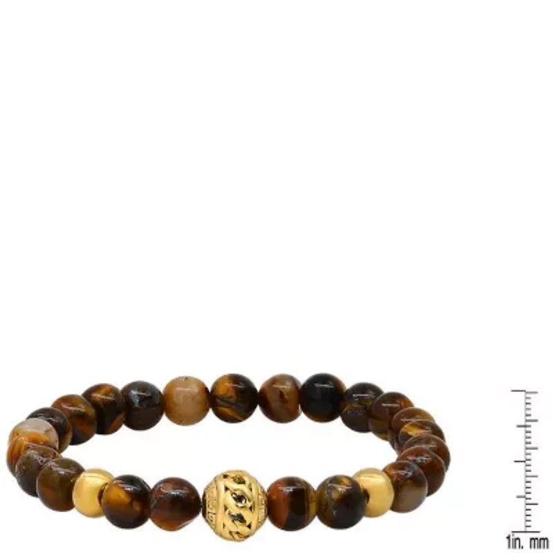 Men's tiger eye and 18k gold plated stainless steel beaded stretch bracelet