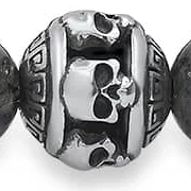 Men's gray agate and stainless steel skull beaded bracelet