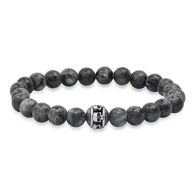 Men's gray agate and stainless steel skull beaded bracelet