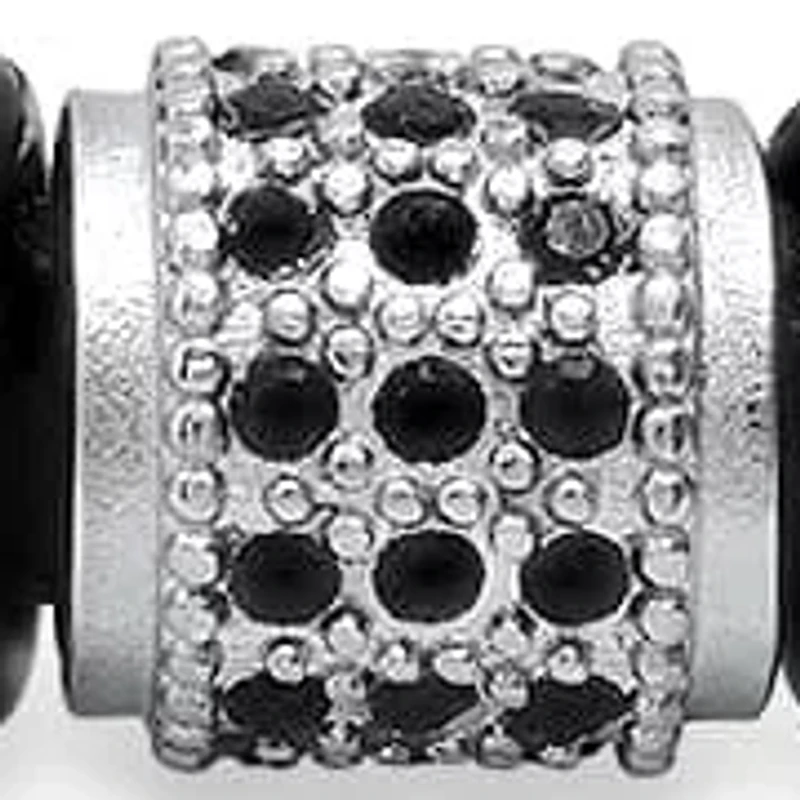 Lab Created Men's black braided leather, stainless steel and black simulated diamonds accents bracelet