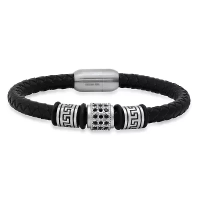 Lab Created Men's black braided leather, stainless steel and black simulated diamonds accents bracelet