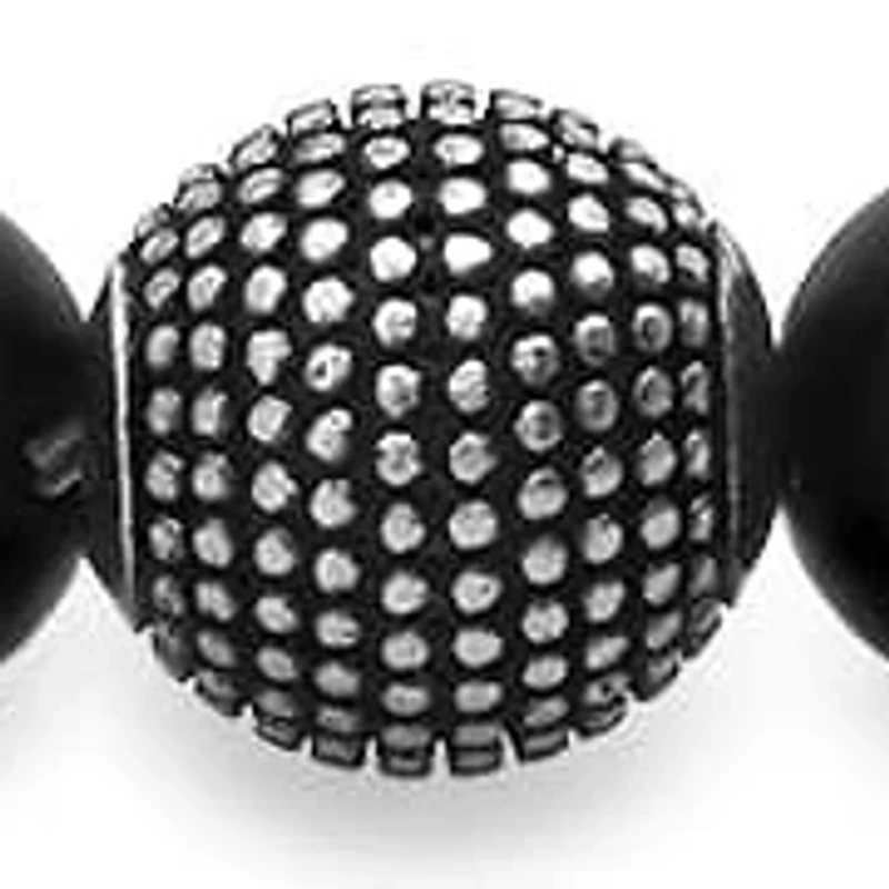 Men's black lava beads and stainless steel beaded stretch bracelet