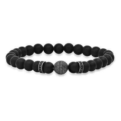 Men's black lava beads and stainless steel beaded stretch bracelet