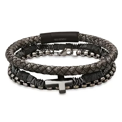 Men's gray braided leather/black ip stainless steel, stainless steel round link and hematite/lava beaded 3pc bracelet set