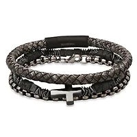 Men's gray braided leather/black ip stainless steel, stainless steel round link and hematite/lava beaded 3pc bracelet set